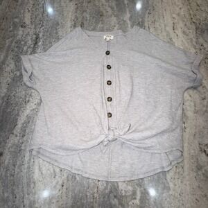 Umgee USA Medium Gray Crop Boxy Shirt Top Waffle Knit Cotton Blend Short Sleeve